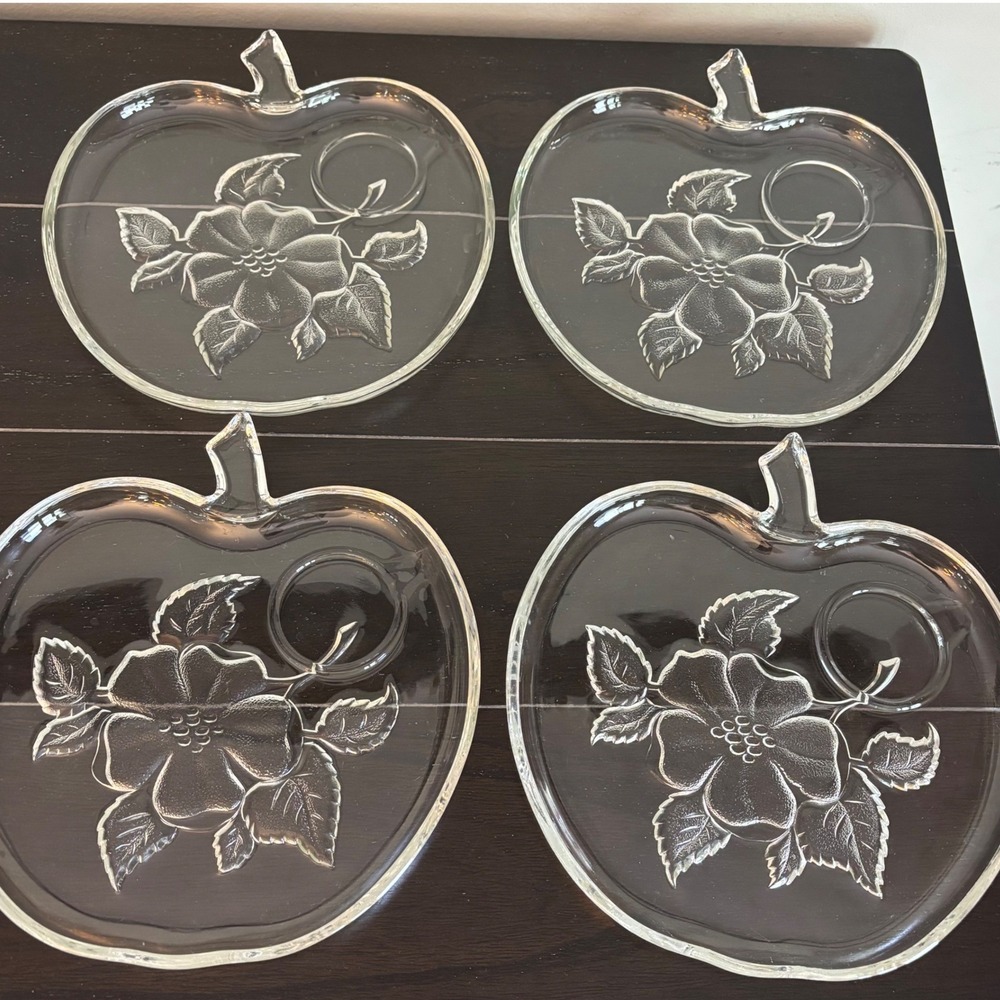 Vintage 1950's | Hazel Atlas Orchard Apple Glass Snack Plates | Set‎ Of 4